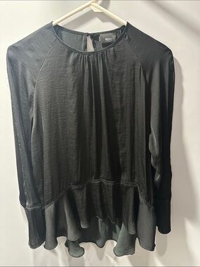 Black Long-Sleeve Ruffle-Hem Blouse